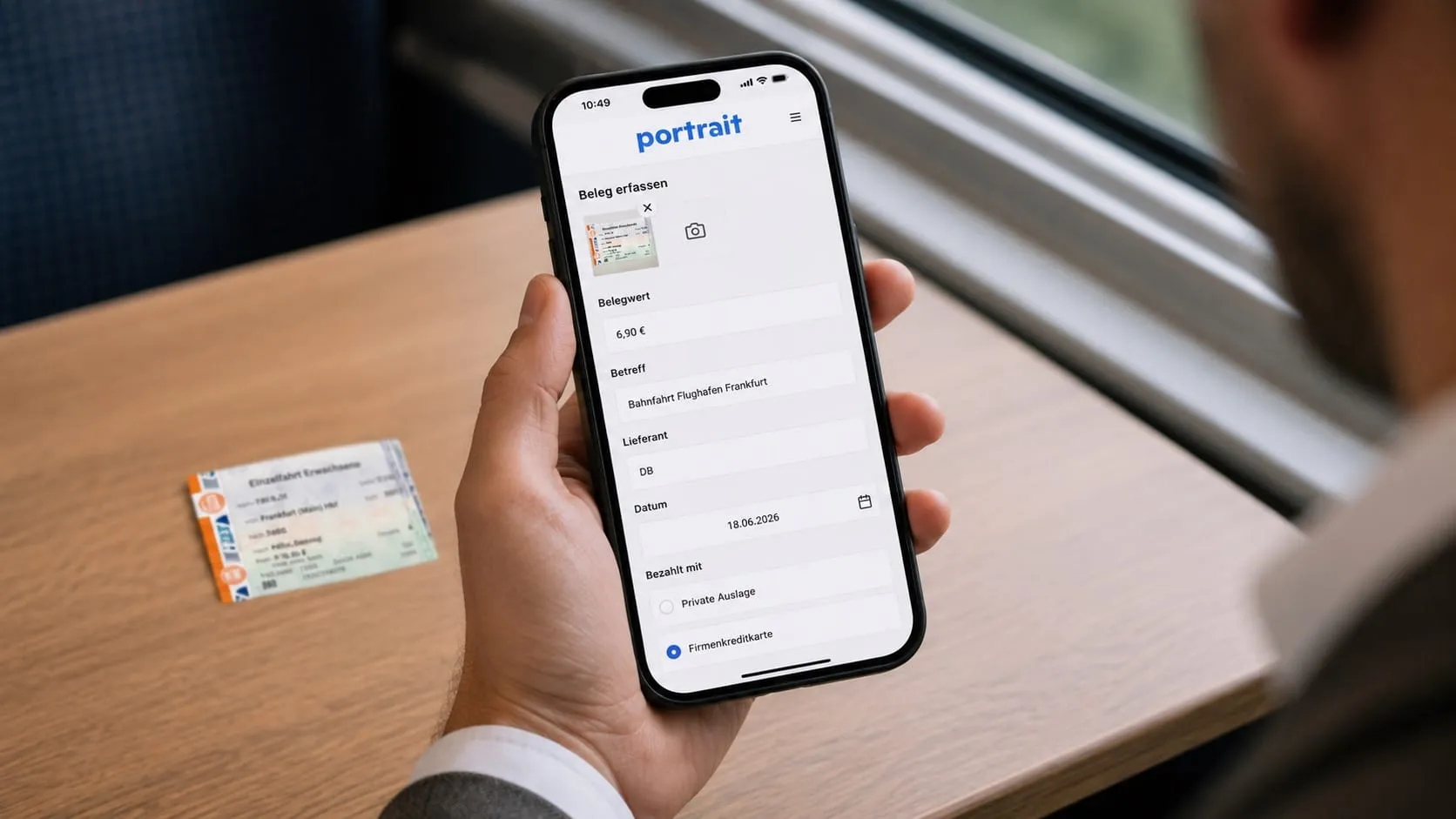 Mitarbeiter im Café erfasst einen Beleg per Smartphone